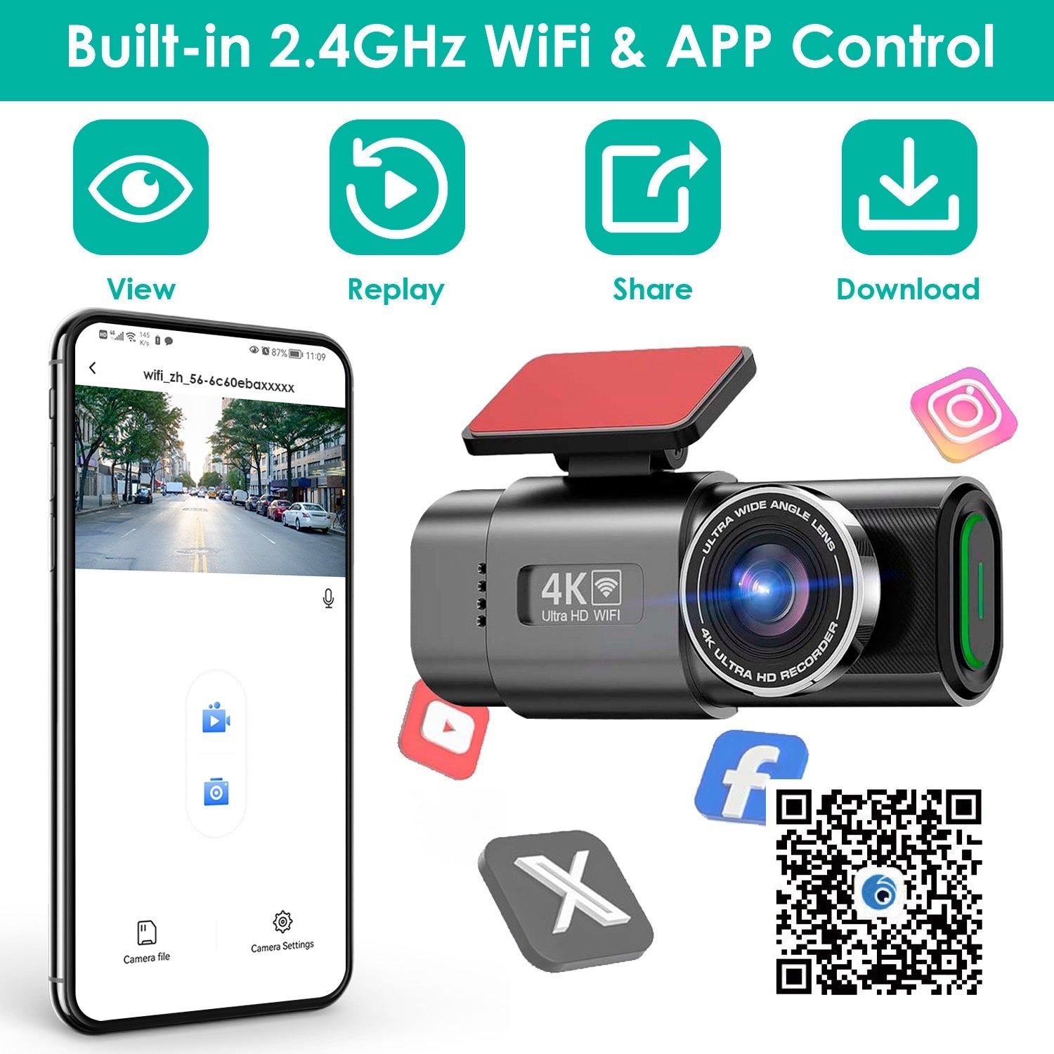 1Pc 4K 1080P Car Dash Cam 2.4GHz WiFi Car Camera Mini Driving Recorder With 140 Degree Wide Angle APP Control Night Vision G-sensor Loop Recording